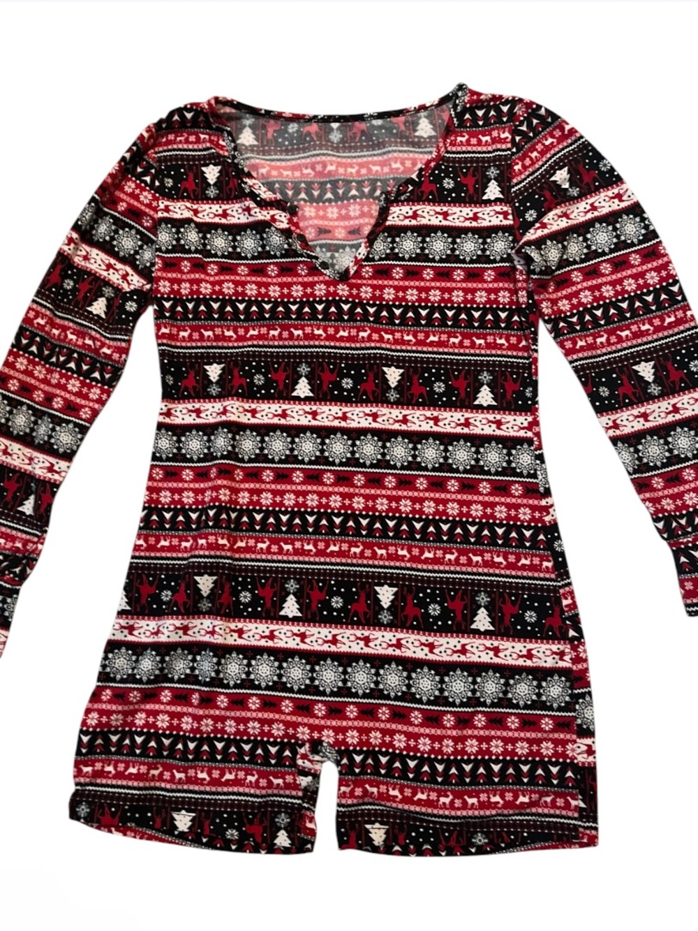NWOT Women's Red & Black Holiday Print Long-Sleeve Romper- size M